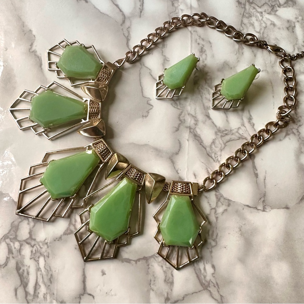Sage Green/Gold Geometric Statement Necklace & Earrings Set